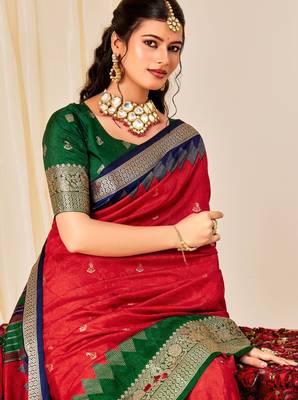 red velvet tussar silk blend woven saree with smart elegant print 3