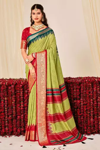 pista green color velvet tussar silk blend fabric woven saree with smart elegant print