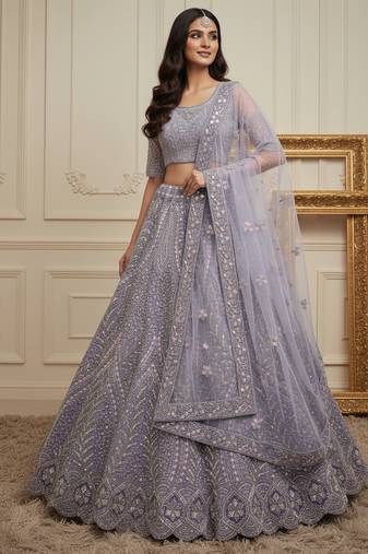 Delightful Lilac Dori Embroidery, Zari work, Sequence work, Thread and motif work Heavy net fabric Wedding Lehenga Choli