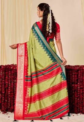 pista green velvet tussar silk blend woven saree with smart elegant print 2