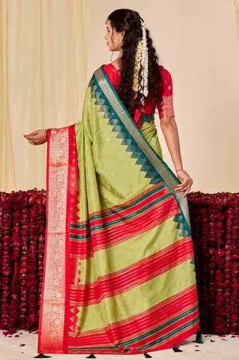 pista green velvet tussar silk blend woven saree with smart elegant print