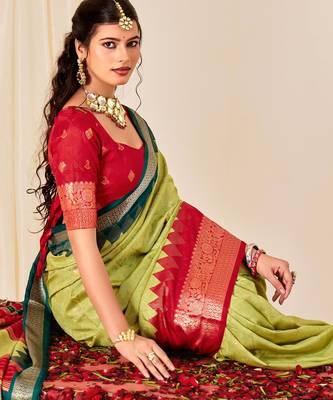 pista green velvet tussar silk blend woven saree with smart elegant print 3