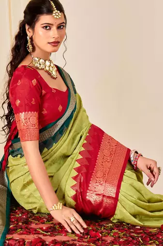 pista green velvet tussar silk blend woven saree with smart elegant print
