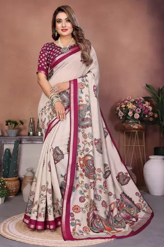 grey color mul cotton fabric designer kalamkari printed graceful party saree