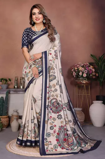 grey color mul cotton fabric designer kalamkari printed graceful party saree