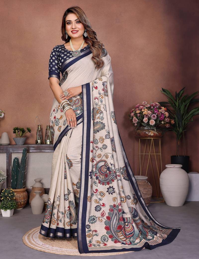 grey color mul cotton fabric designer kalamkari printed graceful party saree