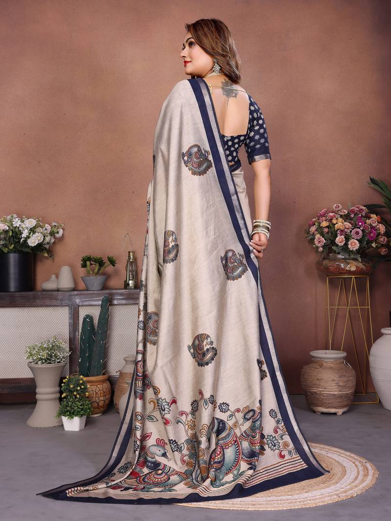 grey color mul cotton fabric designer kalamkari printed graceful party saree