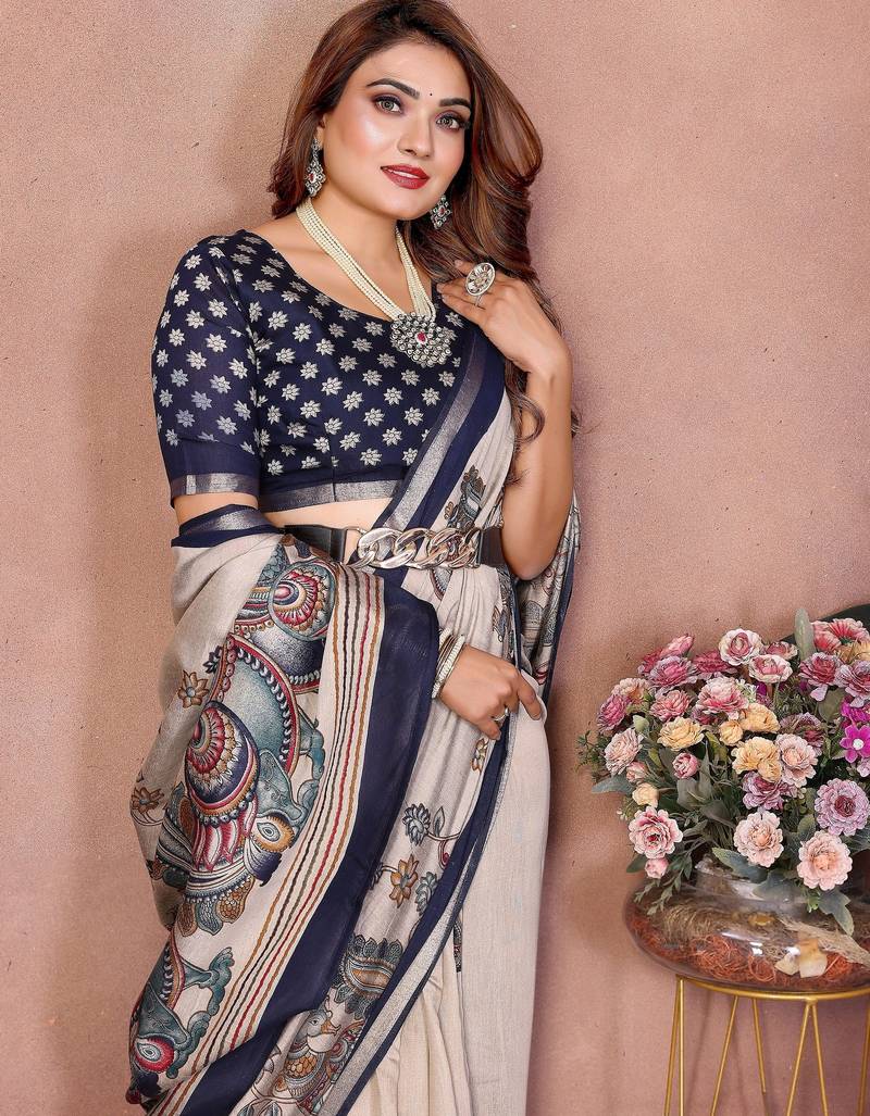 grey color mul cotton fabric designer kalamkari printed graceful party saree