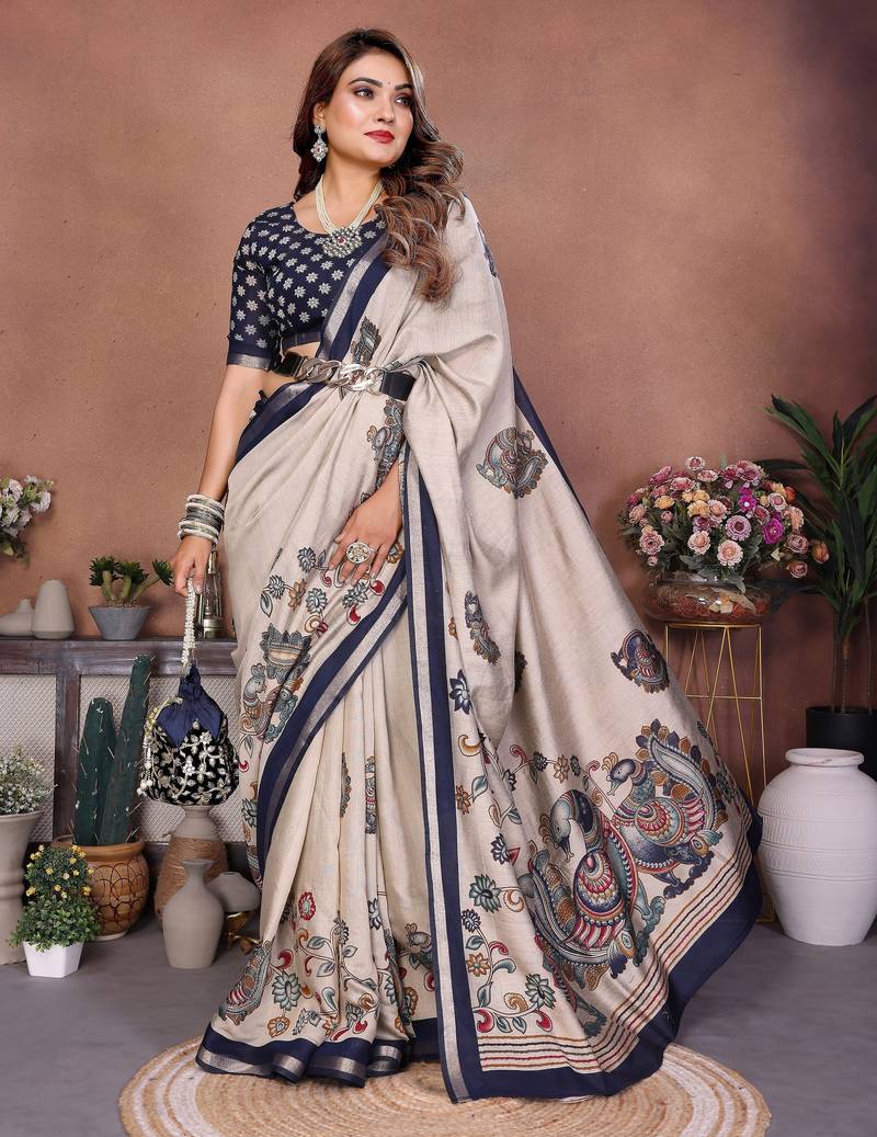 grey color mul cotton fabric designer kalamkari printed graceful party saree