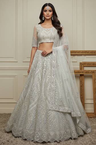 Bewitching White Dori, Zari work, Sequins work, Thread Embroidered and motif work Heavy net Bridal wedding Lehenga Choli