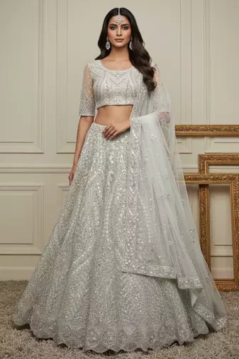 Bewitching White Dori, Zari work, Sequins work, Thread Embroidered and motif work Heavy net Bridal wedding Lehenga Choli