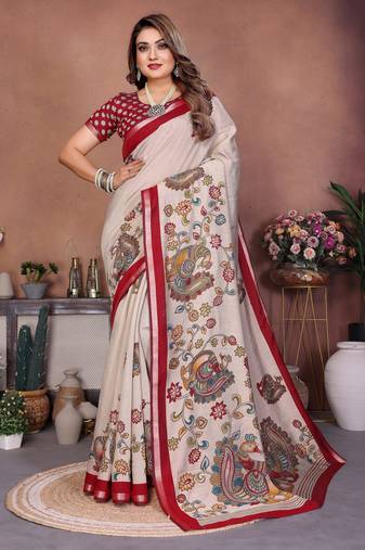 grey color mul cotton fabric designer kalamkari printed graceful party saree