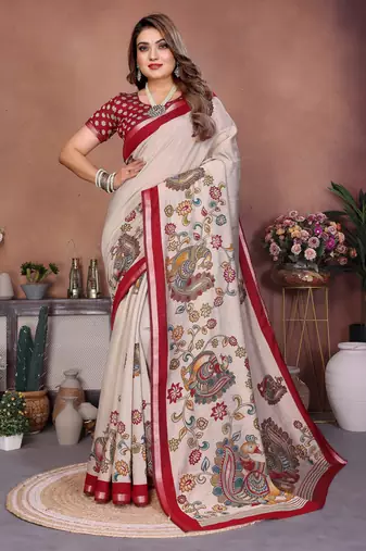 grey color mul cotton fabric designer kalamkari printed graceful party saree