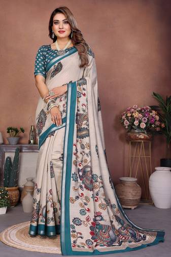 grey color mul cotton fabric designer kalamkari printed graceful party saree