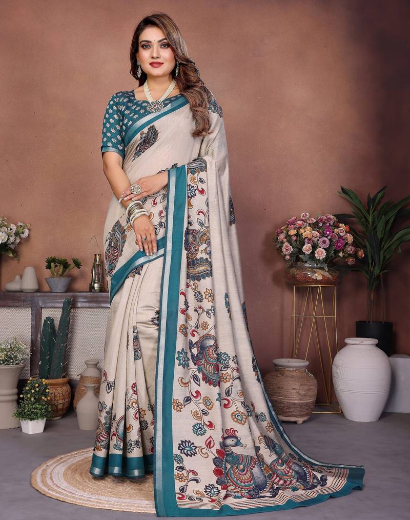 grey color mul cotton fabric designer kalamkari printed graceful party saree