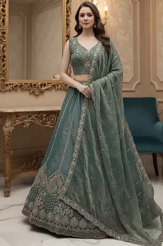 Fetching Grey Peacock Embroidered, Dori, Sequins Embroidered with Zircon Diamond work Gadhwal Silk wedding Lehenga