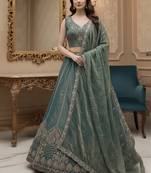 Fetching Grey Peacock Embroidered, Dori, Sequins Embroidered with Zircon Diamond work Gadhwal Silk wedding Lehenga