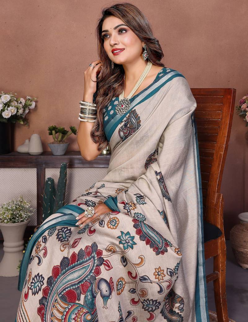 grey color mul cotton fabric designer kalamkari printed graceful party saree