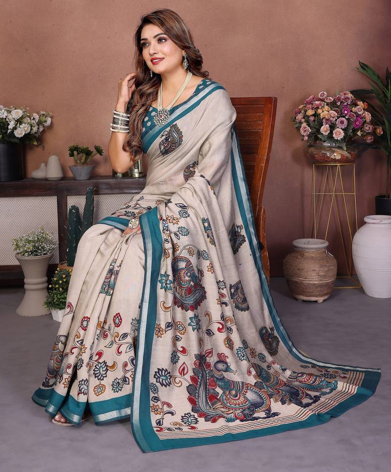 grey color mul cotton fabric designer kalamkari printed graceful party saree