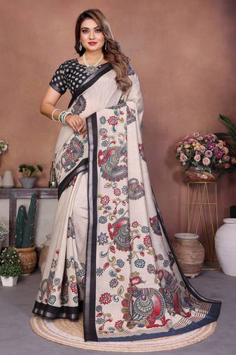 grey color mul cotton fabric designer kalamkari printed graceful party saree