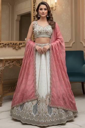 Glamourous White Peacock Dori, Sequins Embroidered with Zircon Diamond work Gadhwal Silk designer wedding lehenga choli