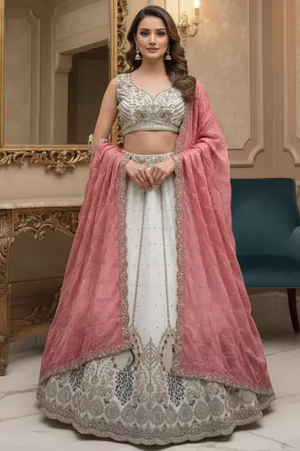 Glamourous White Peacock Dori, Sequins Embroidered with Zircon Diamond work Gadhwal Silk designer wedding lehenga choli