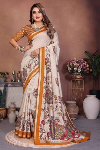 grey color mul cotton fabric designer kalamkari printed graceful party saree