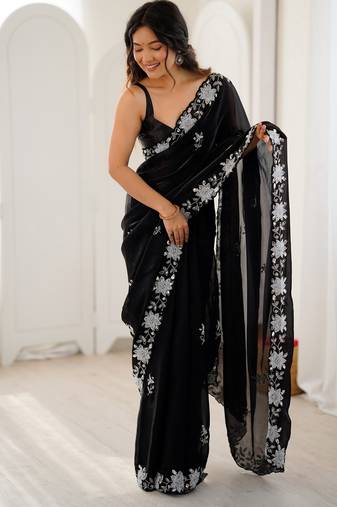 black color chiffon graceful embroidered bollywood saree