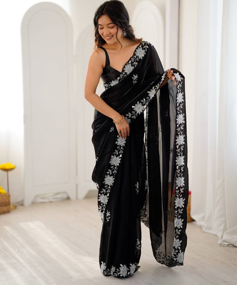 black color chiffon graceful embroidered bollywood saree