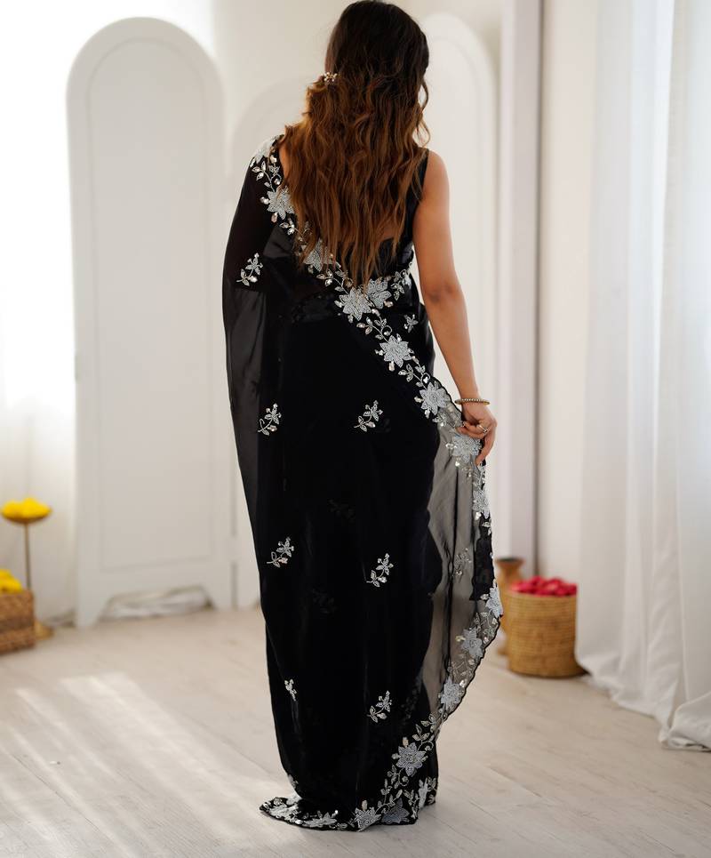 black color chiffon graceful embroidered bollywood saree