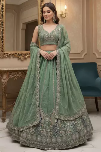 Glamorous Pista Peacock Dori, Sequins Embroidered with Zircon Diamond work Gadhwal Silk wedding lehenga for women