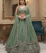 Glamorous Pista Peacock Dori, Sequins Embroidered with Zircon Diamond work Gadhwal Silk wedding lehenga for women