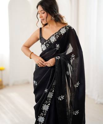 black chiffon graceful embroidered saree 4