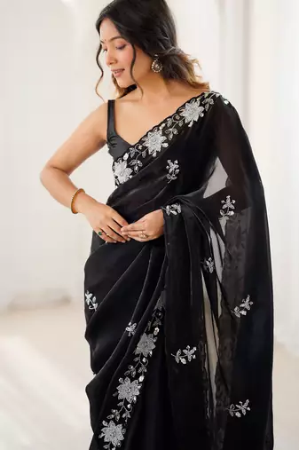black chiffon graceful embroidered saree