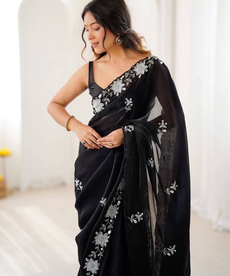 black color chiffon graceful embroidered bollywood saree