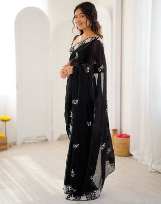 black chiffon graceful embroidered saree 5
