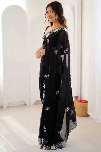 black chiffon graceful embroidered saree