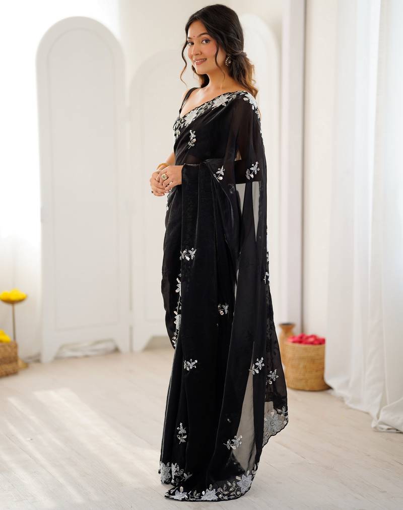 black color chiffon graceful embroidered bollywood saree