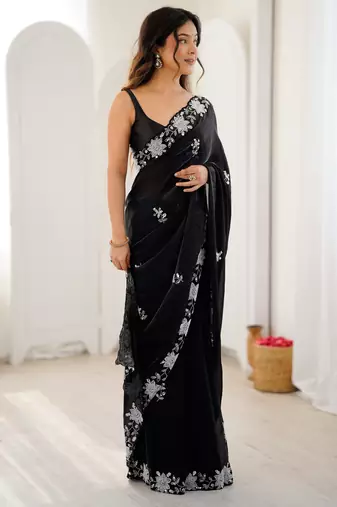 black chiffon graceful embroidered saree