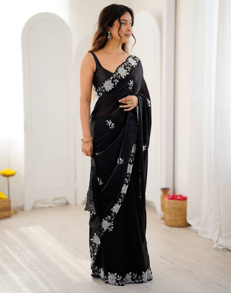 black color chiffon graceful embroidered bollywood saree