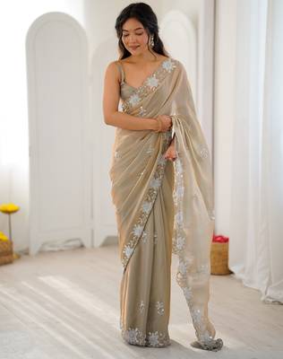 beige chiffon graceful embroidered saree 1