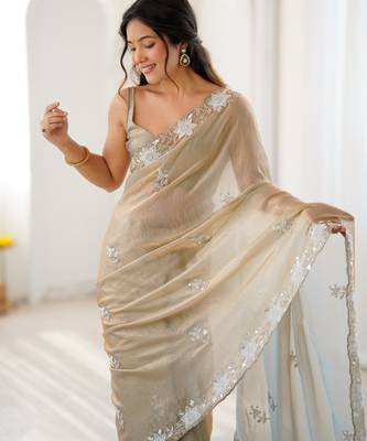 beige chiffon graceful embroidered saree 4