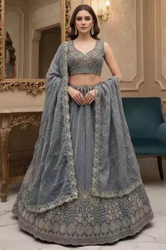 Graceful Stone Grey Peacock Dori, Sequins Embroidered with Zircon Diamond work Gadhwal Silk wedding lehenga choli