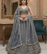 Graceful Stone Grey Peacock Dori, Sequins Embroidered with Zircon Diamond work Gadhwal Silk wedding lehenga choli