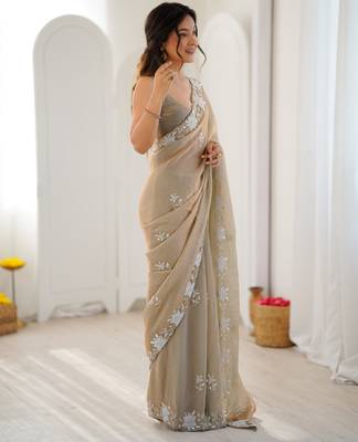 beige chiffon graceful embroidered saree 5