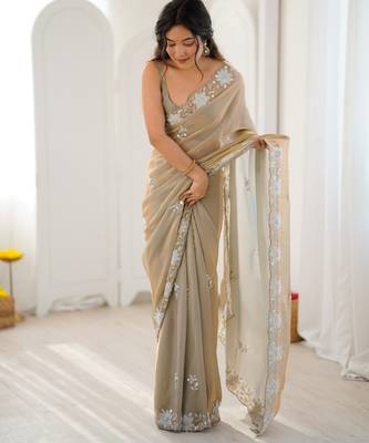 beige chiffon graceful embroidered saree 6