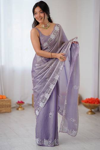 lavender color chiffon graceful embroidered bollywood saree
