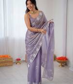 lavender color chiffon graceful embroidered bollywood saree