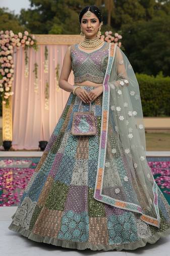 Charming Multi Real Mirror work, Chain Embroidered, Diamond work Net wedding lehengas for women