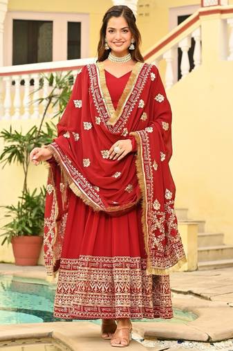 Red Faux Blooming Embroidered Gown for Women with Zari & Sequins Work | Matching Embroidered Dupatta